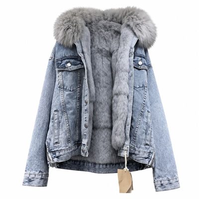 Veste en jean femme bleu clair doublée polaire à grand col