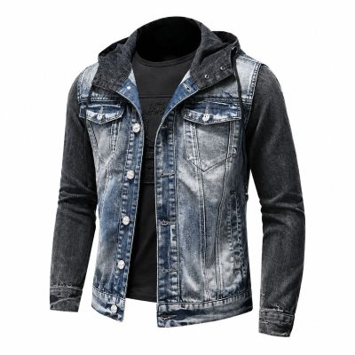 Veste en jean à capuche homme bleue et noire