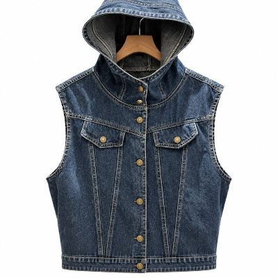 Veste en jean sans manche femme bleu foncé avec capuche style hip hop