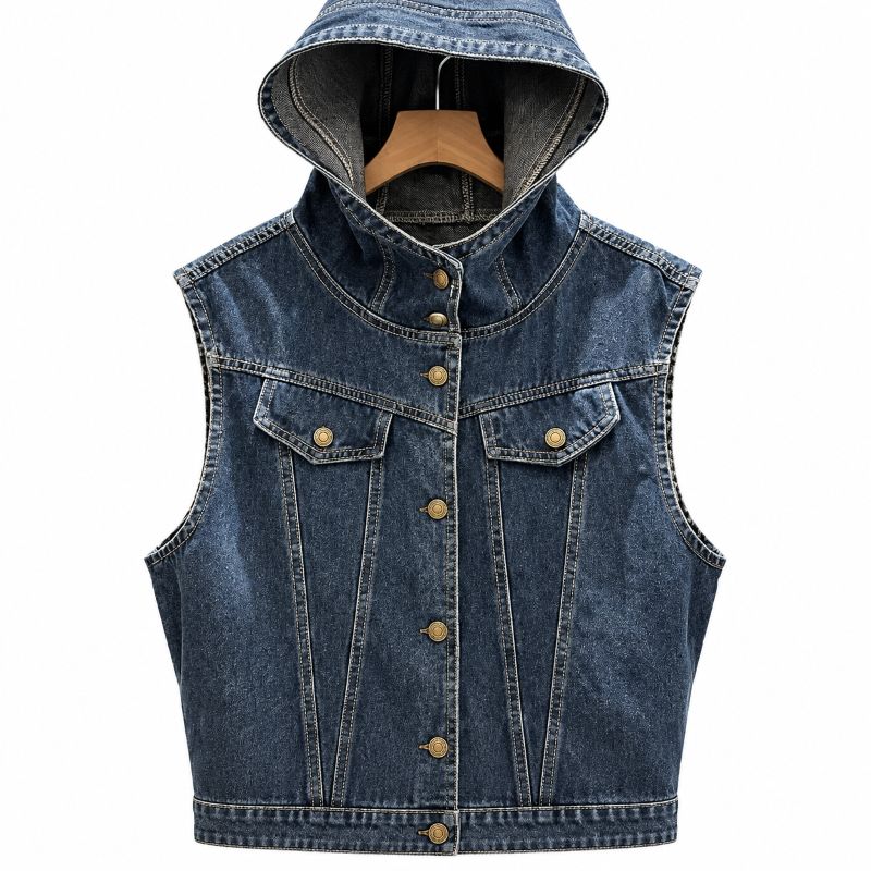 Veste en jean sans manche femme bleu foncé avec capuche style hip hop