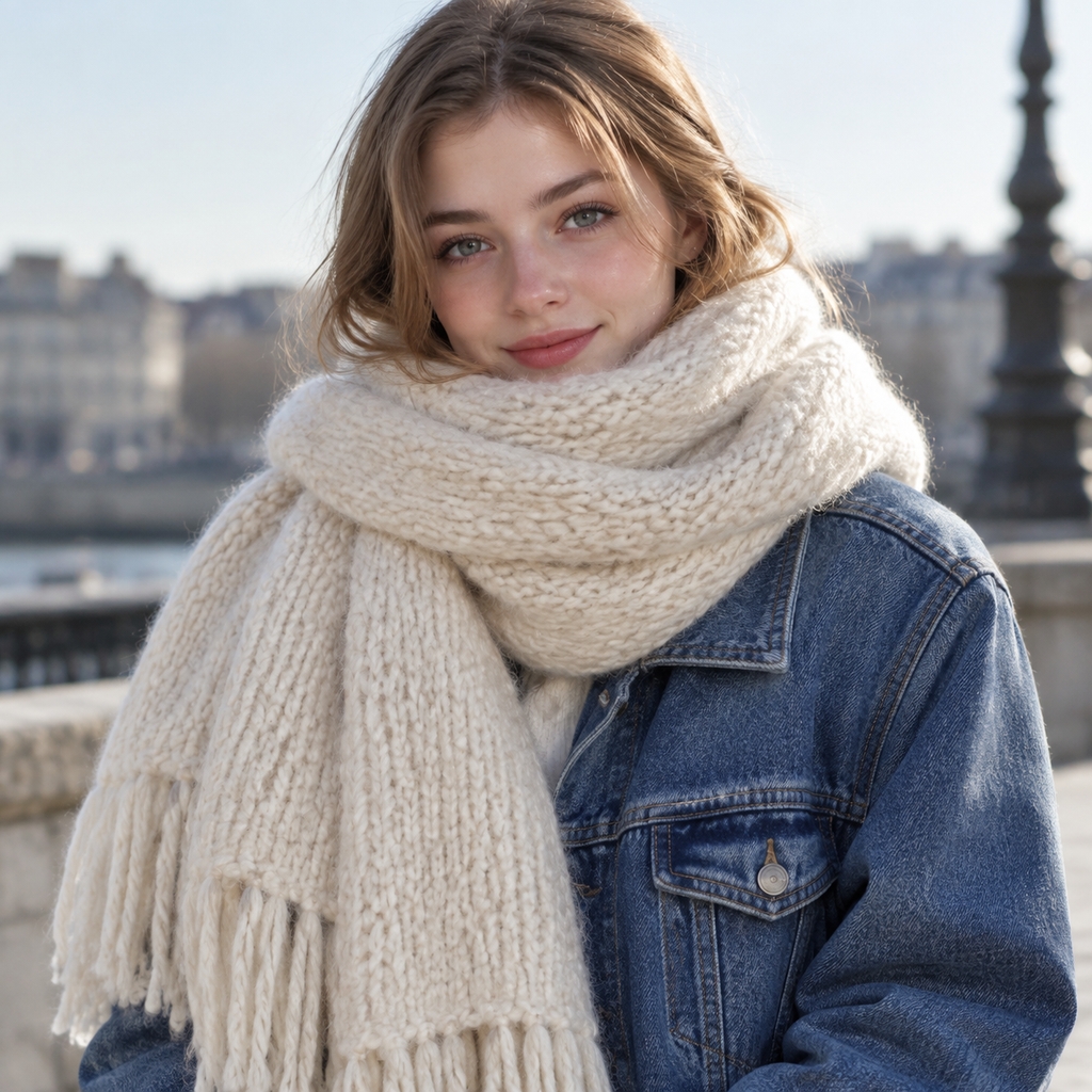Tenue d'automne avec veste en jean bleu et grande écharpe écru en maille torsadée
