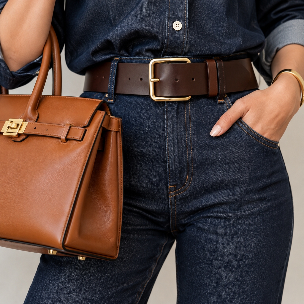 Accessoires en cuir robustes portés avec une tenue en denim