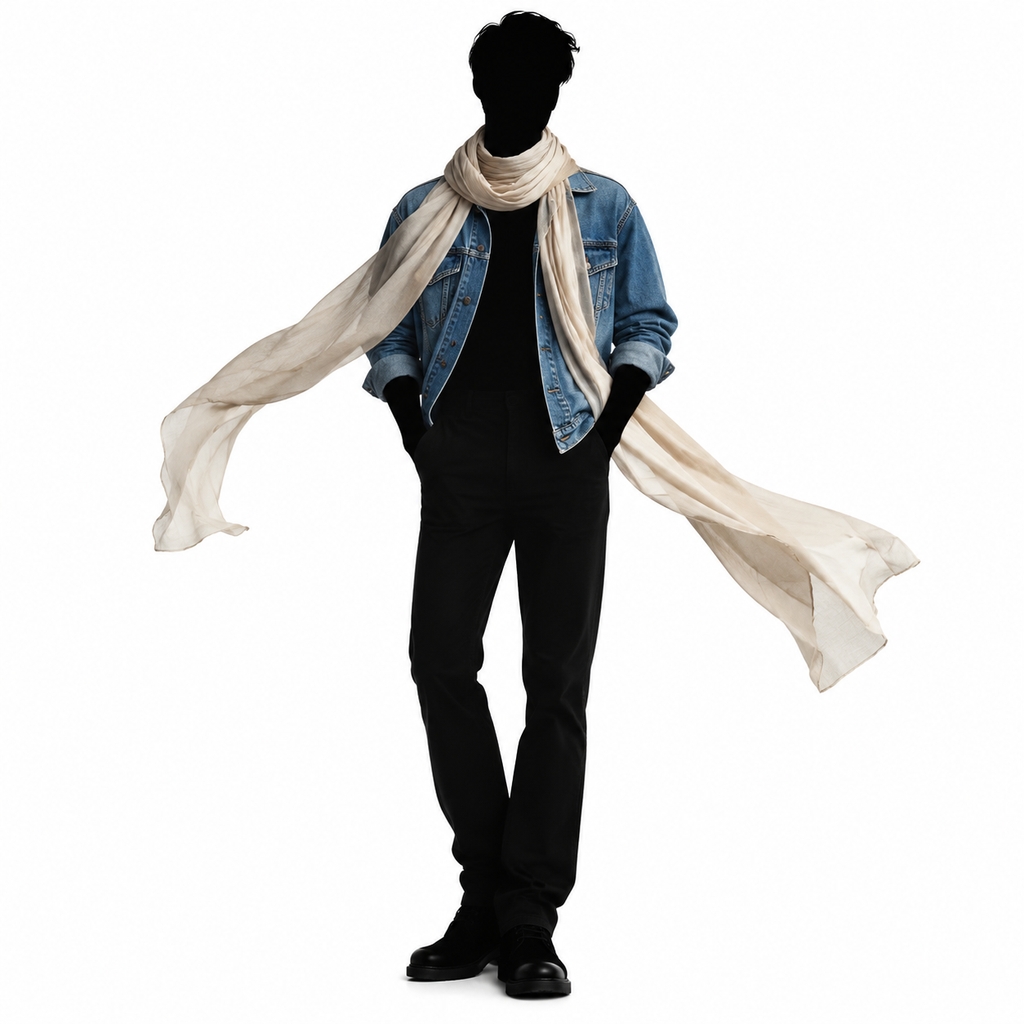 Exemple de nouage lâche d'une écharpe longue sur une veste en denim ouverte