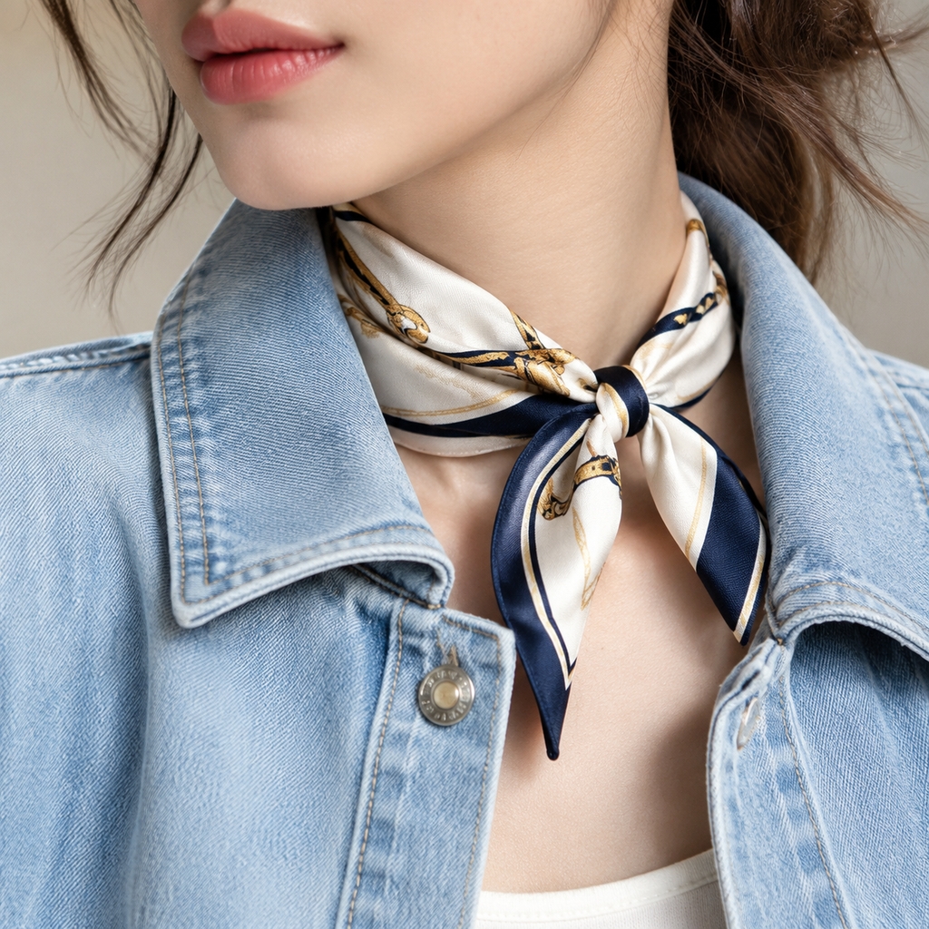 Foulard léger en soie imprimé noué délicatement sous une veste en jean d'été