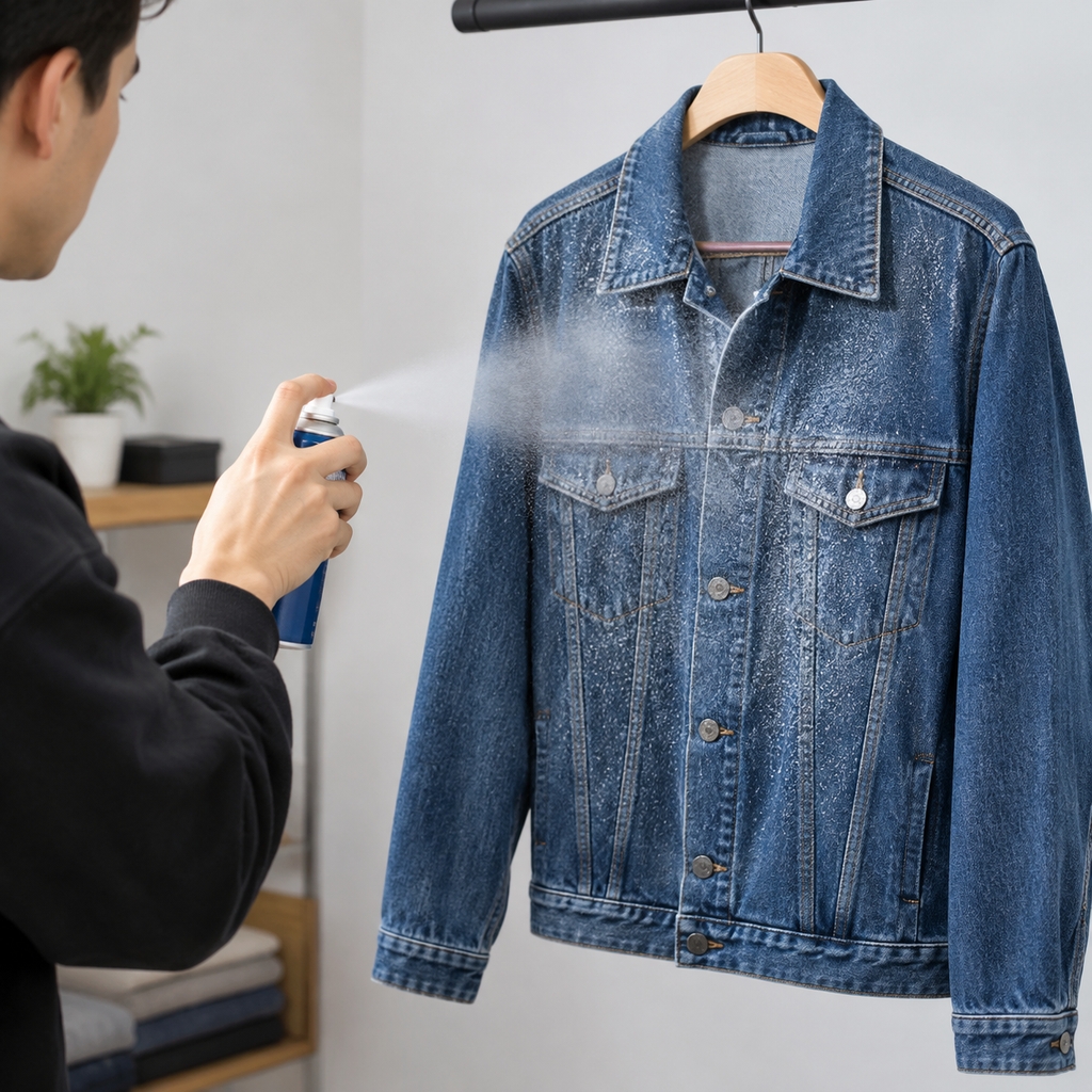 Application d'un spray imperméabilisant textile sur une veste en jean