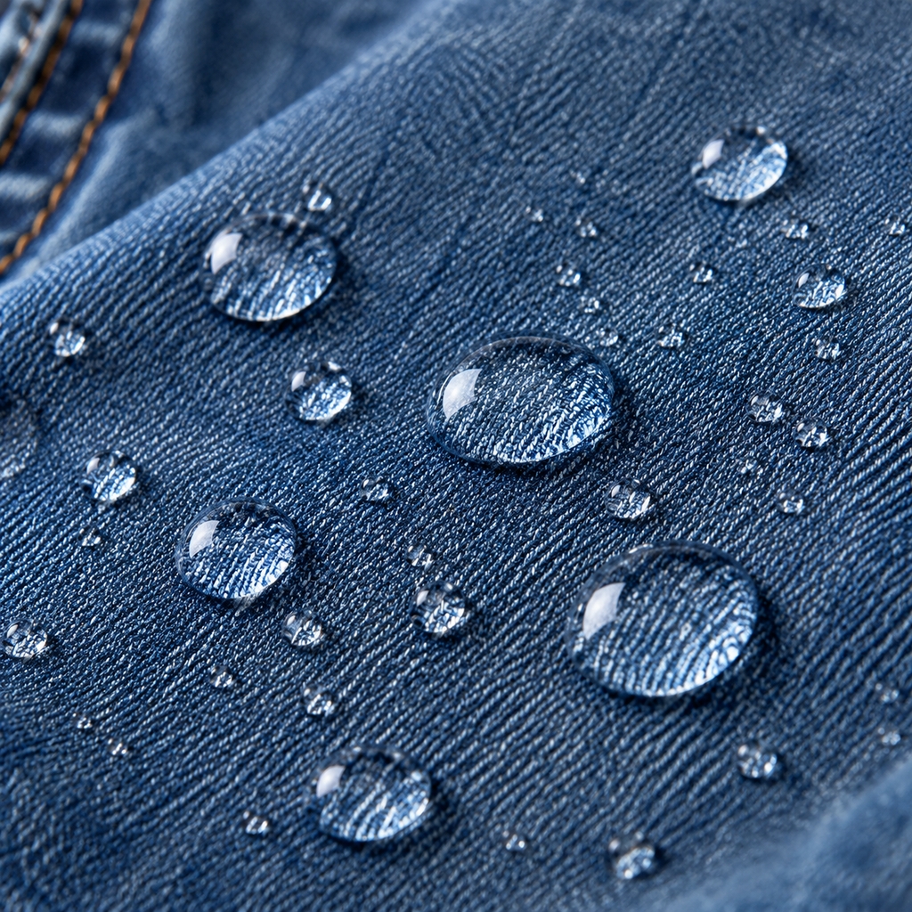 Gouttes d'eau perlant sur la toile d'une veste en jean traitée