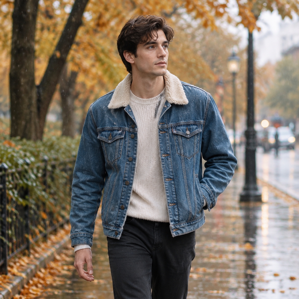 Personne portant une veste en jean sous une légère pluie en ville