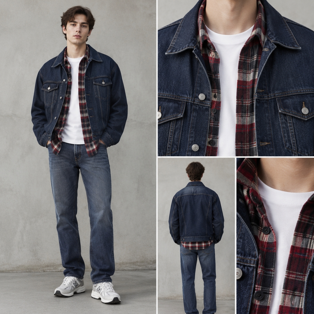 Layering d'automne avec veste en jean brut sur une chemise en flanelle"