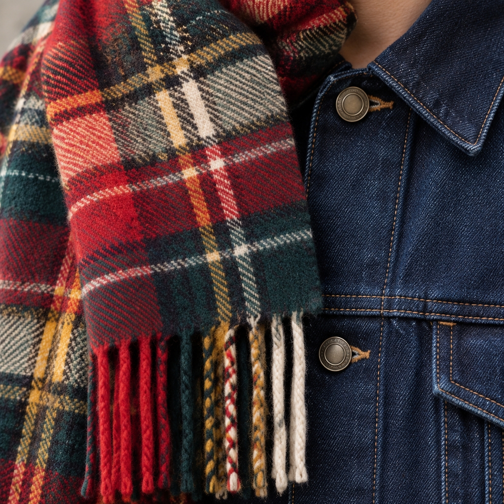 Écharpe écossaise à carreaux rouges et noirs nouée sur une veste en jean foncé