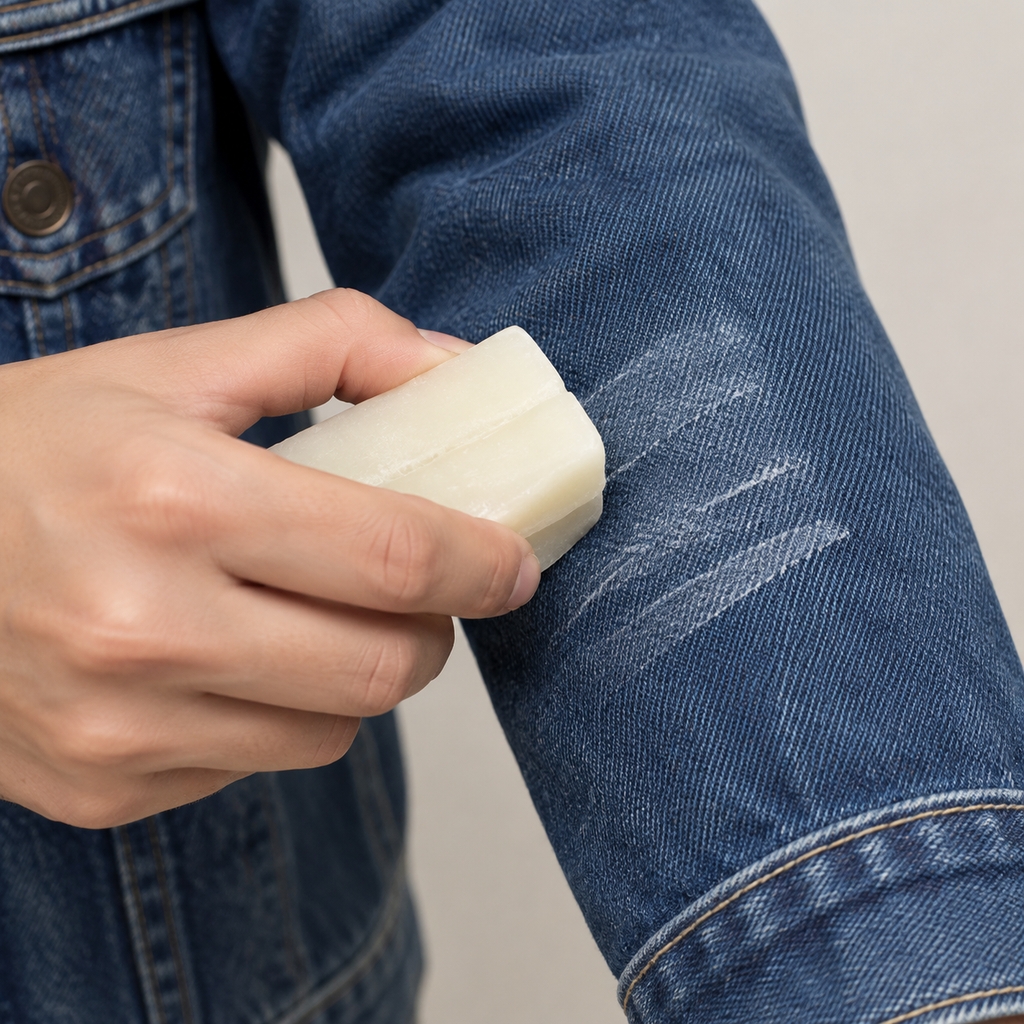 Application de cire solide sur une veste en jean pour l'imperméabiliser