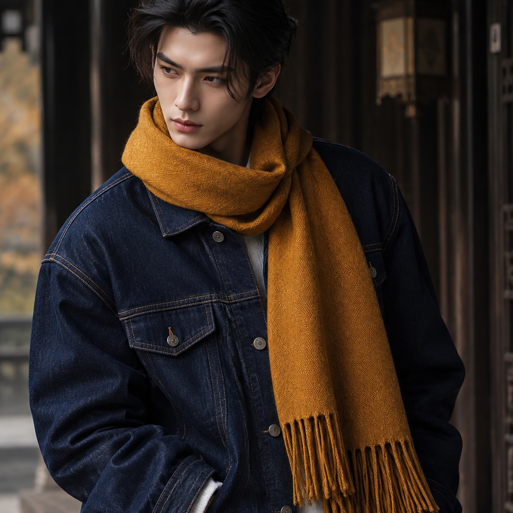 Harmonie de couleurs d'automne avec une veste en jean indigo et un pull moutarde
