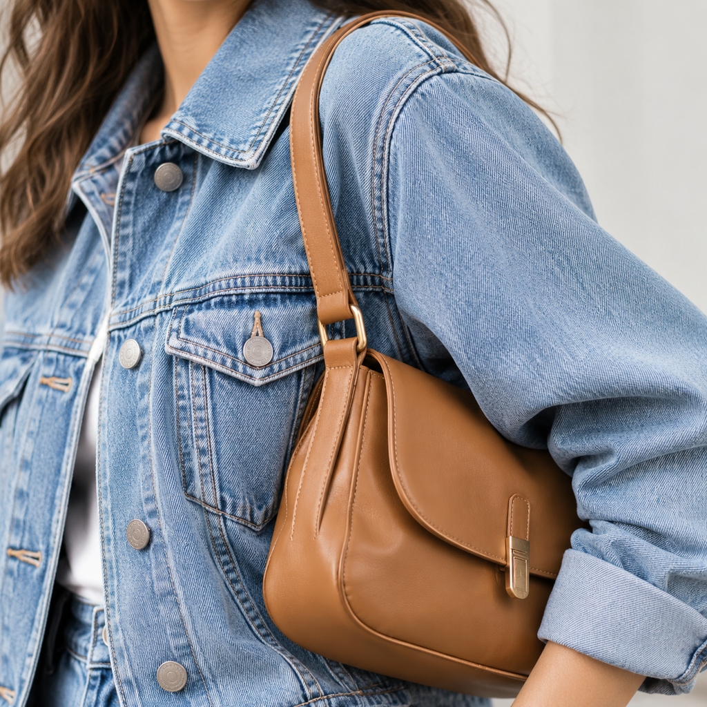 Gros plan sur une veste en jean bleu clair associée à un sac en cuir camel