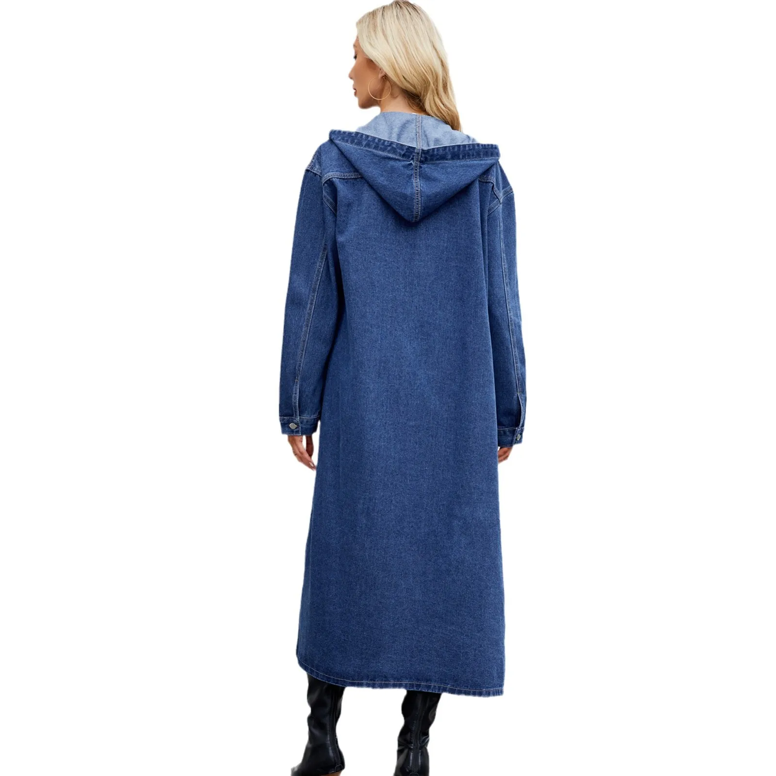 Veste en jean longue femme bleue à capuche – Trench vintage délavé – Image 2
