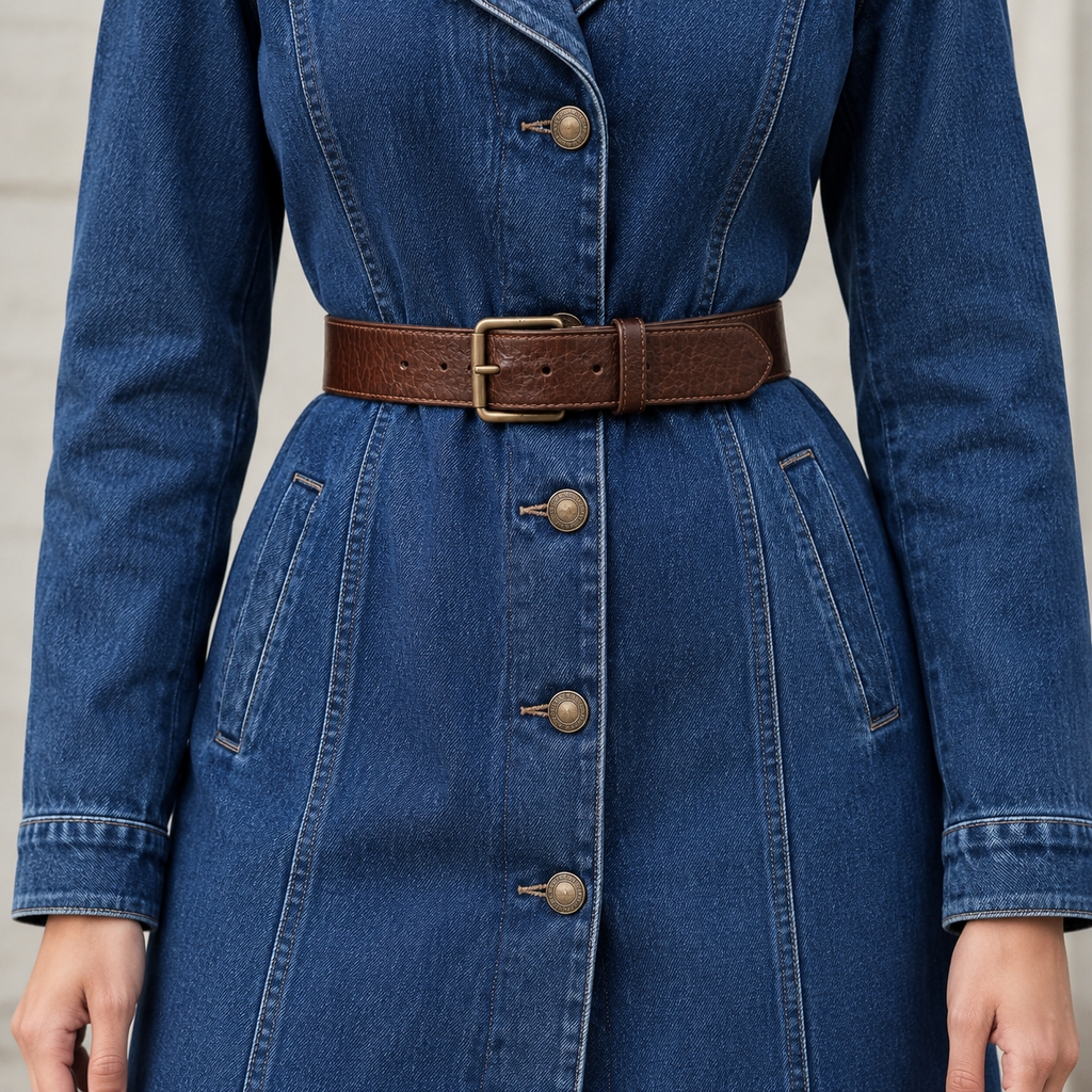Manteau en jean ceinturé à la taille avec une boucle dorée élégante