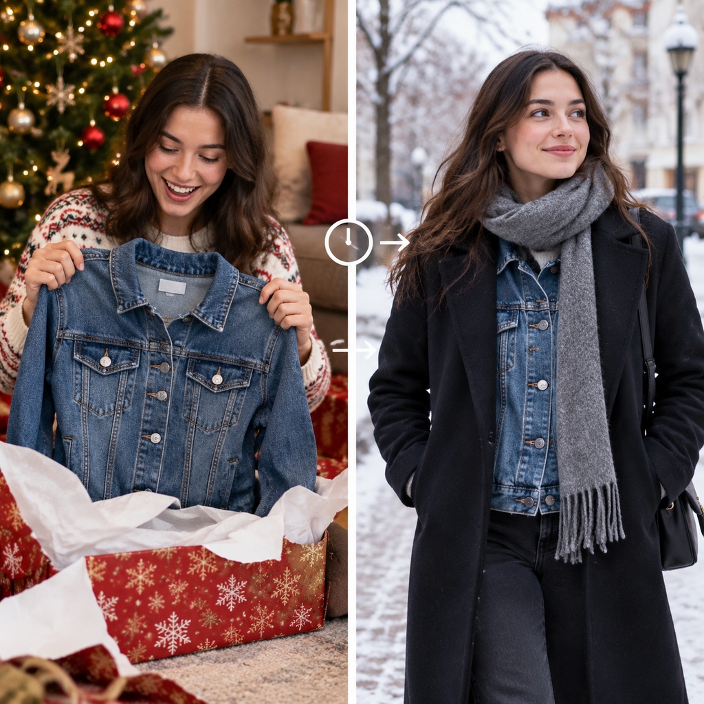 Superposition d'hiver avec veste en denim sous un gros manteau pour le réveillon