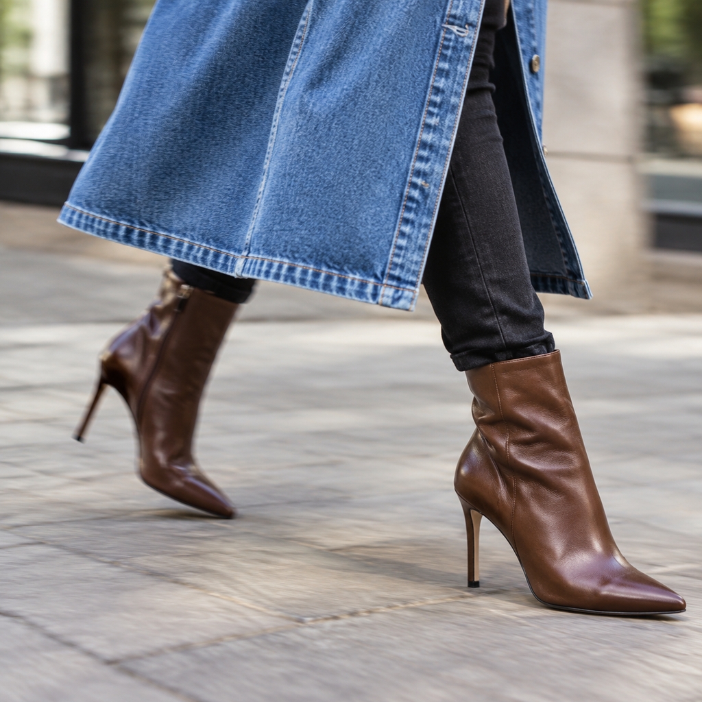 Bottines à talons portées avec le bas d'une longue veste en jean