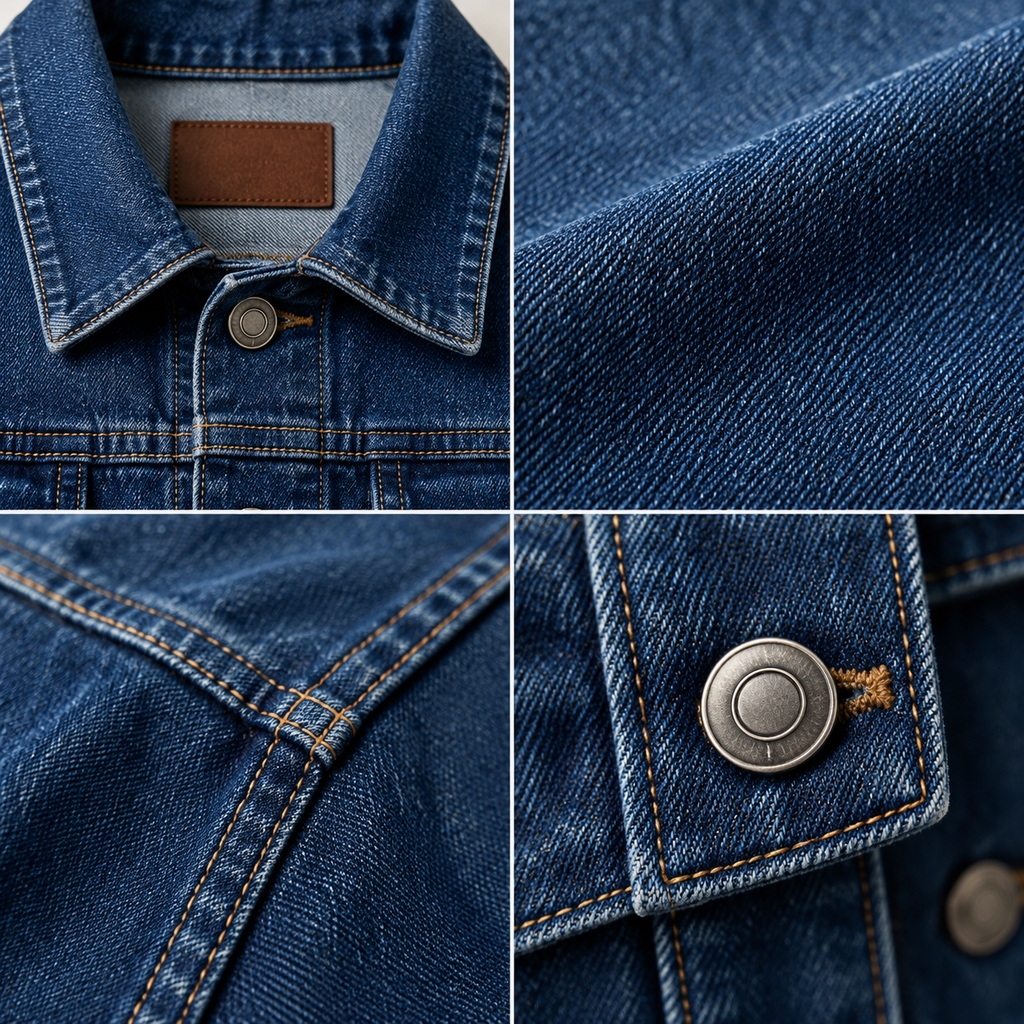 Détail des finitions soignées et des boutons gravés d'une veste en jean de qualité