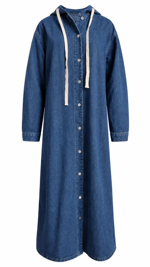 Veste en jean longue femme bleue à capuche – Trench vintage délavé – Image 8