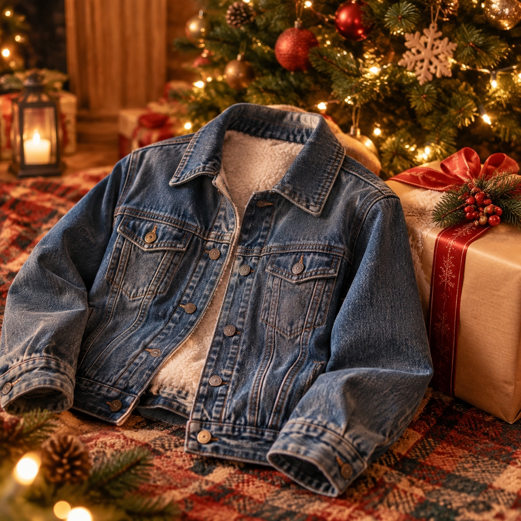 Veste en jean pliée soigneusement près d'un sapin de Noël décoré