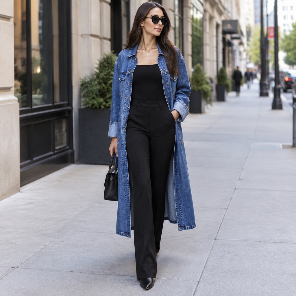 Veste en jean longue portée ouverte sur une tenue sobre monochrome